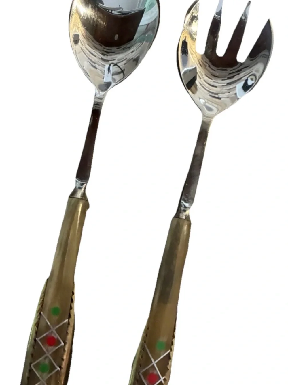 Vintage Gold-Tone Decorative Salad Serving Set with Color Accent Handles